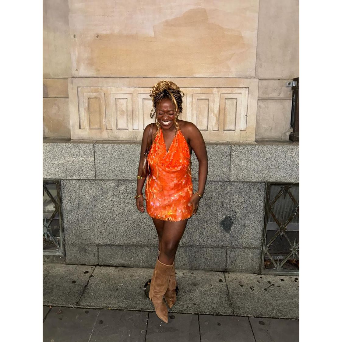 Rat and Boa Malika Mini in Orange Sequin, Size S. Featuring a big sequin design with an adjustable plunging necking and barely there ties with an open back. This is the perfect dress to stand out at an event. Front full view