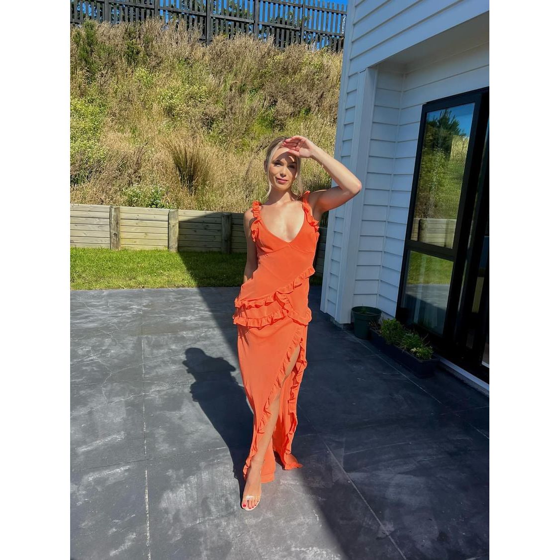 House of CB Pixie Maxi Dress in Flame, Size S. Featuring straps with a v cut into the bust and some frill details on the dress. Perfect for formals, races, wineries, bottomless brunch etc. Zip up side. Front on full length view of dress