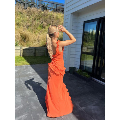 House of CB Pixie Maxi Dress in Flame, Size S. Featuring straps with a v cut into the bust and some frill details on the dress. Perfect for formals, races, wineries, bottomless brunch etc. Zip up side. Back side full length view of dress