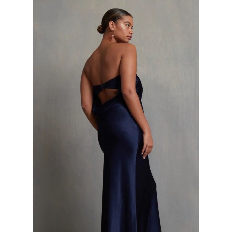 Bec and Bridge Moondance Midi Dress in Navy, Size 14. Perfect for events like formals, 21sts, races etc. Viscose Material with a Silky/Satiny feel slight flow to dress. Back side view of dress. 