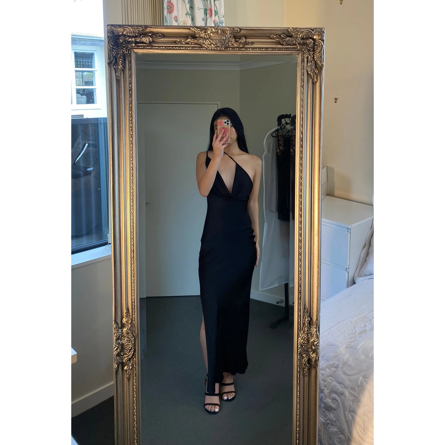 Johannah Cowl Midi in Black, Size 8. Featuring an asymmetrical design with a low cut bust area and low draping back with slight adjustability of strings tying at bottom of back area. Perfect for formal events