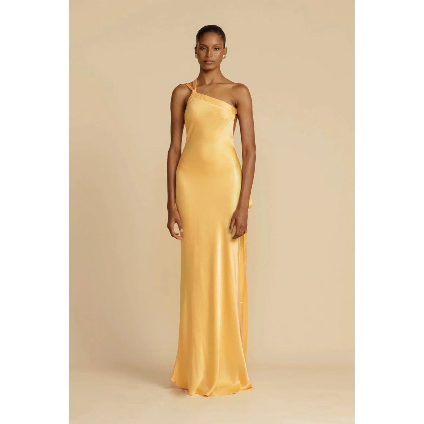 Arcina Ori  Monique Dress in Yellow, Size XS. Open back with tie that goes across back to side of dress. Asymmetrical one shoulder design. Front on full length view of dress