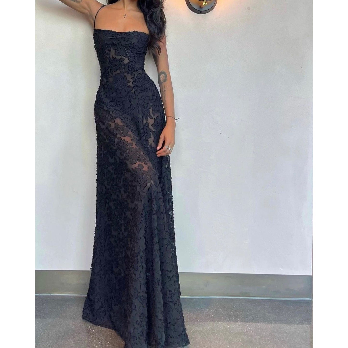 House of CB Seren Maxi Dress in Black, Size XS and L. Perfect for formal events. Lace up back and zip at bottom of lace up.. Semi sheer fabric with a doubled lined bust. Front on full length up close view of dress