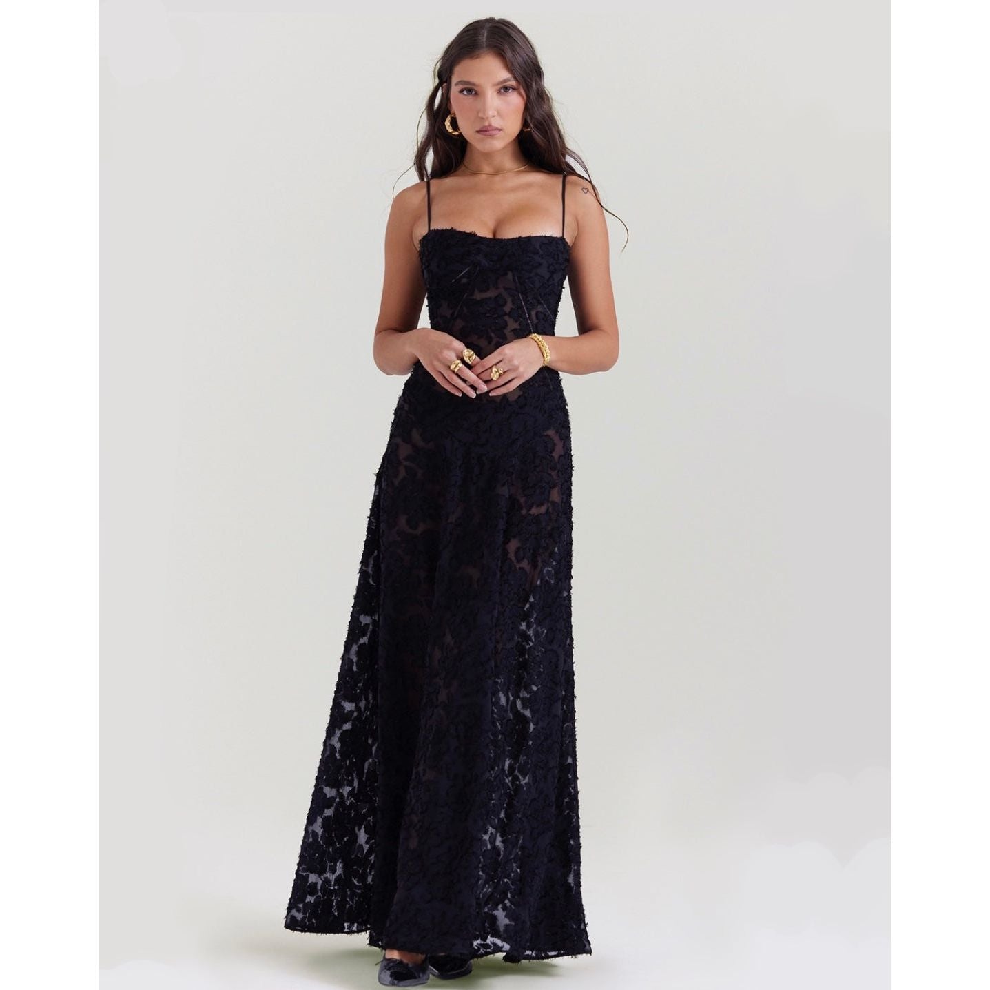 House of CB Seren Maxi Dress in Black, Size XS and L. Perfect for formal events. Lace up back and zip at bottom of lace up.. Semi sheer fabric with a doubled lined bust. Front on full length view of dress