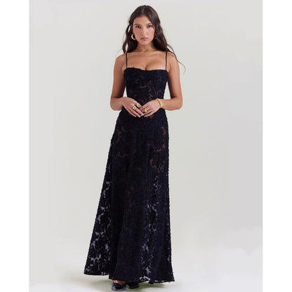 House of CB Seren Maxi Dress in Black, Size XS and L. Perfect for formal events. Lace up back and zip at bottom of lace up.. Semi sheer fabric with a doubled lined bust. Front on full length view of dress