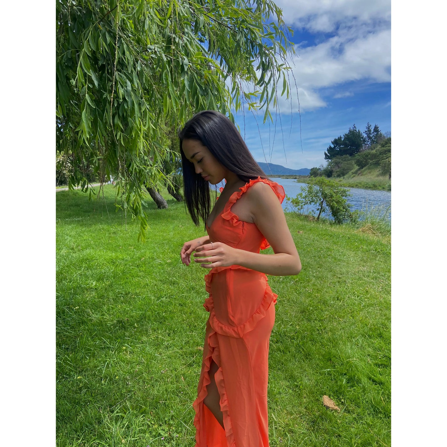 House of CB Pixie Maxi Dress in Flame, Size S. Featuring straps with a v cut into the bust and some frill details on the dress. Perfect for formals, races, wineries, bottomless brunch etc. Zip up side. Side view of dress