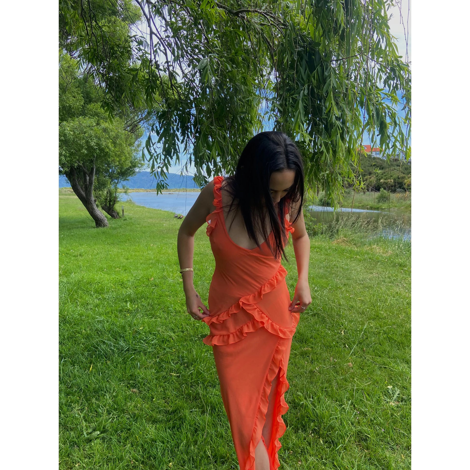 House of CB Pixie Maxi Dress in Flame, Size S. Featuring straps with a v cut into the bust and some frill details on the dress. Perfect for formals, races, wineries, bottomless brunch etc. Zip up side. Front on view of dress