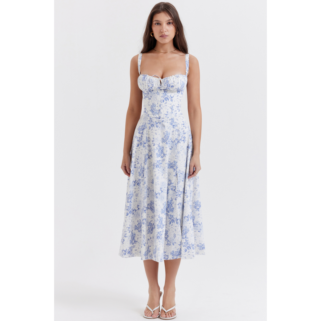 House of CB Carmen Midi in Blue Floral Print, Size L (Plus Cup). Perfect for the races, wineries, bottomless brunch etc. Zip up side and corset like closed back to adjust tightness. Has a small slit on leg of dress. Front on up close view of dress