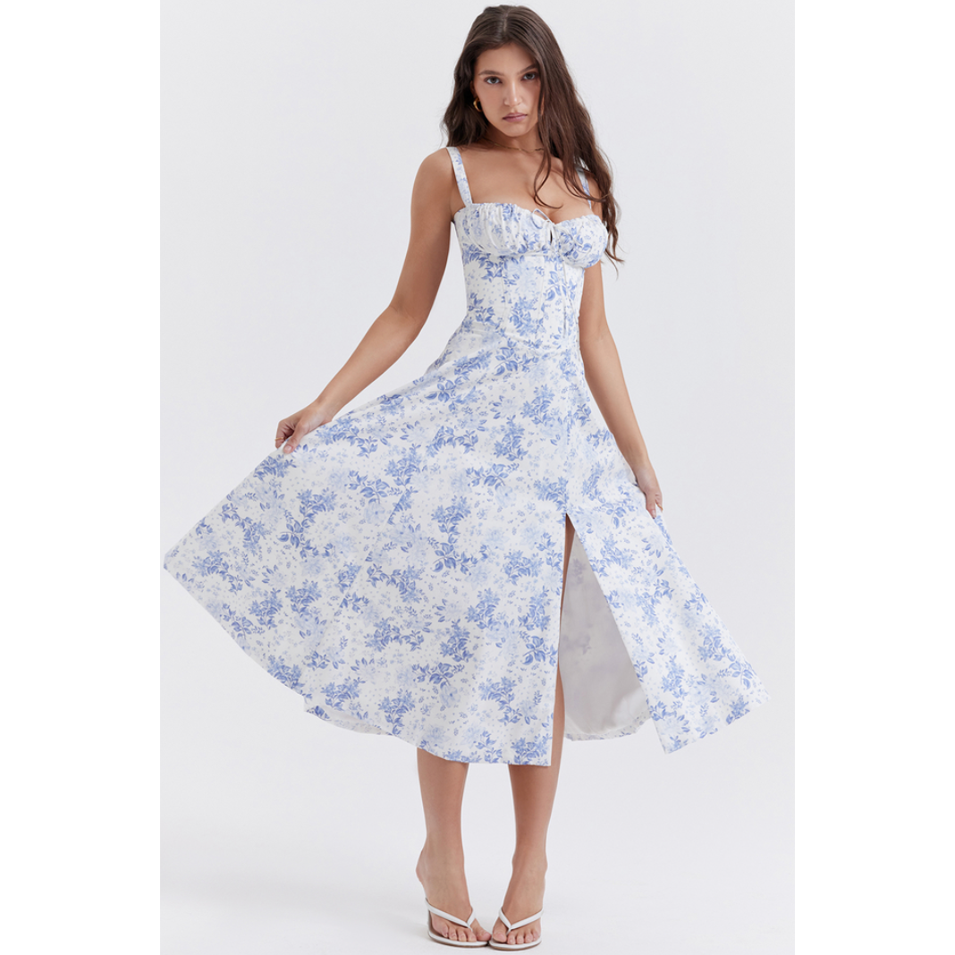 House of CB Carmen Midi in Blue Floral Print, Size L (Plus Cup). Perfect for the races, wineries, bottomless brunch etc. Zip up side and corset like closed back to adjust tightness. Front on full length view of dress