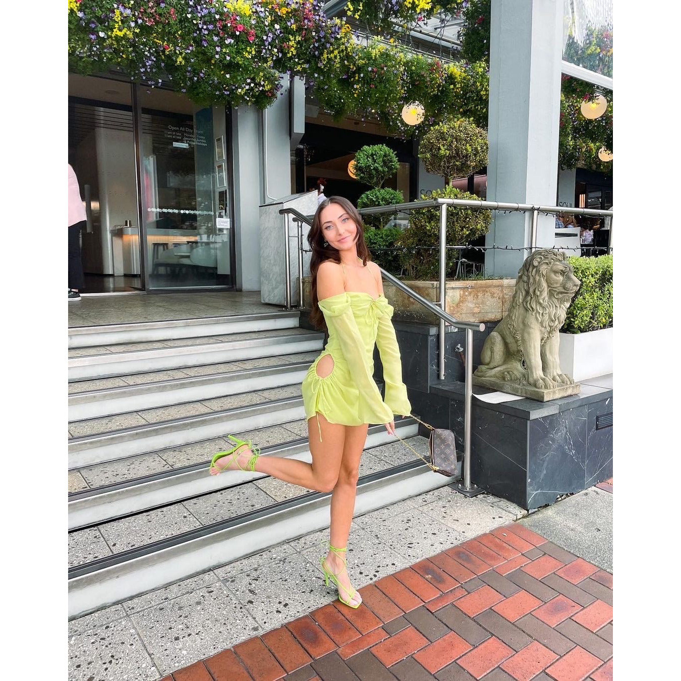 House of CB Babydoll Mini in Lime, Size S and L (Plus Cup). Perfect for the races, wineries, bottomless brunch etc. Zip up back and holes around the hip where the dress can be adjusted slightly length and with of hole wise. Front on side view of dress