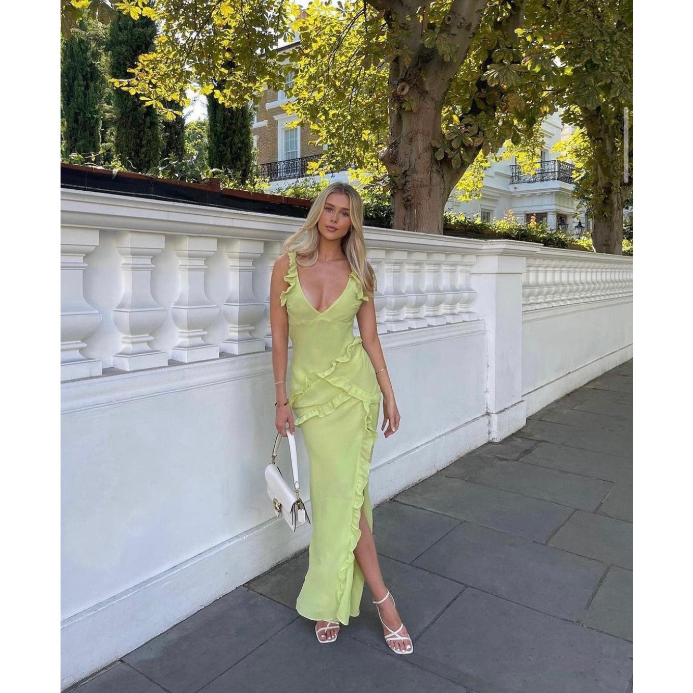 House of CB Pixie Maxi Dress in Green, Size S. Featuring straps with a v cut into the bust and some frill details on the dress. Perfect for formals, races, wineries, bottomless brunch etc. Zip up side. Front on full length view of dress