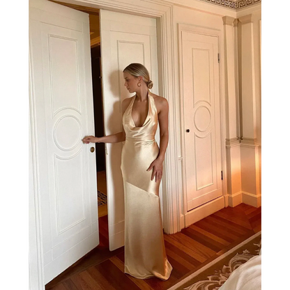 Arcina Ori Daniella Maxi in Gold, Size S. Open back with tie at bottom of back. Front on full length view of dress