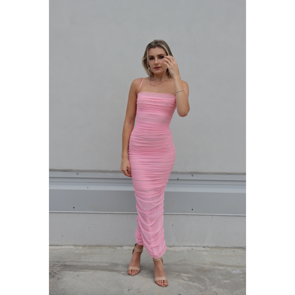 House of CB Fornarina Midi in Pink, Size XS. Perfect for formals, races, wineries, bottomless brunch etc. Zip up back. Front on full length view of dress