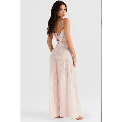 House of CB Seren Maxi Dress in Pink, Size S and M. Perfect for formal events. Lace up back. Semi sheer fabric with a doubled lined bust also comes with optional slip to wear underneath. Back full length view of dress