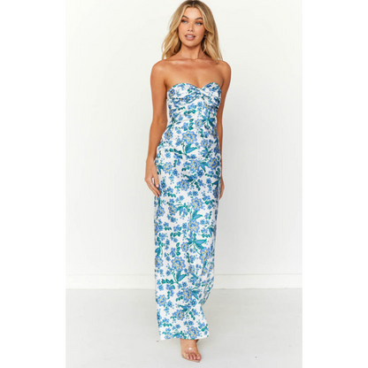 Ashley Floral Strapless Dress, Size 14/10. White background with blue and green floral patterning.. Perfect for a casual or formal event. Front on view of dress. 